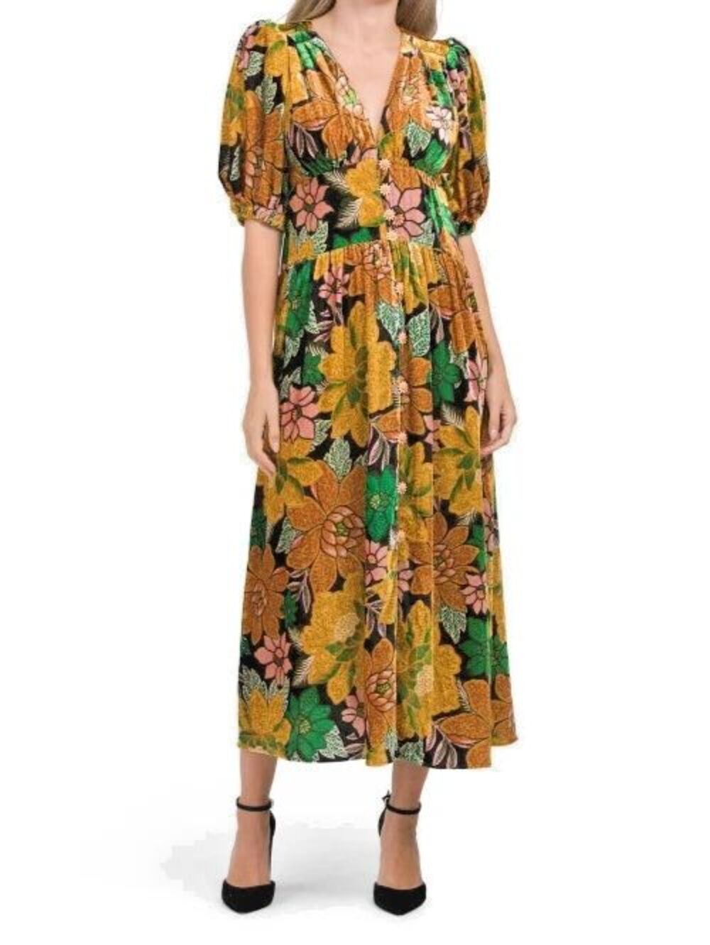 Farm Rio Garden Black Midi Velvet Dress, Small, New! Retail $345